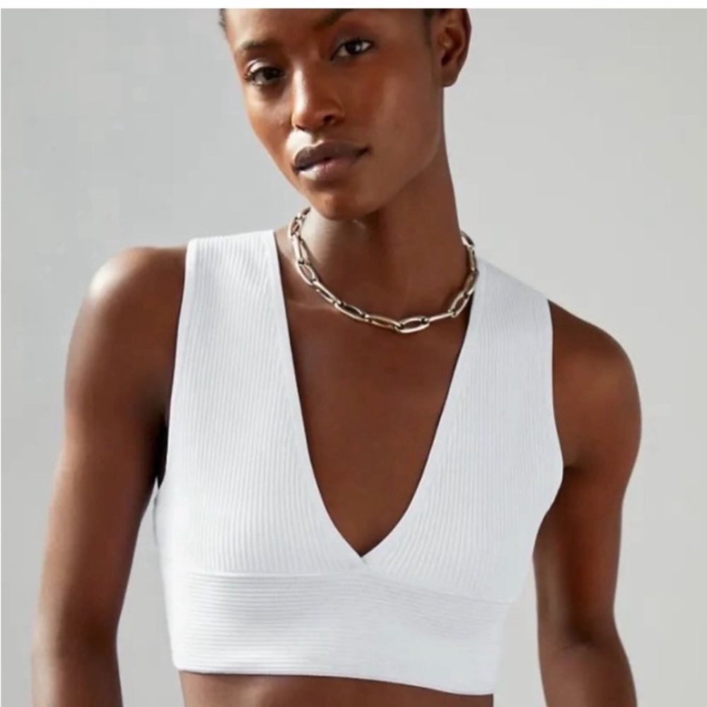 Aritzia White Deep V Ribbed Crop Top